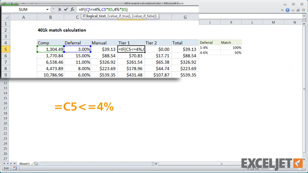 Excel tutorial: Simplified formula example 401k Match